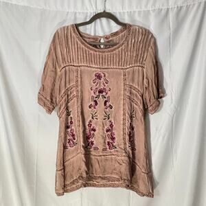POL Boho Embroidered Floral Blouse Pink Mauve Peasant Top Size Medium